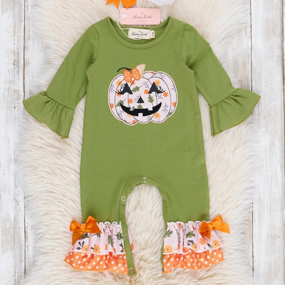 Marie Nicole Green Embroidered Floral Jack-o-Lantern Ruffle 6/12 mos